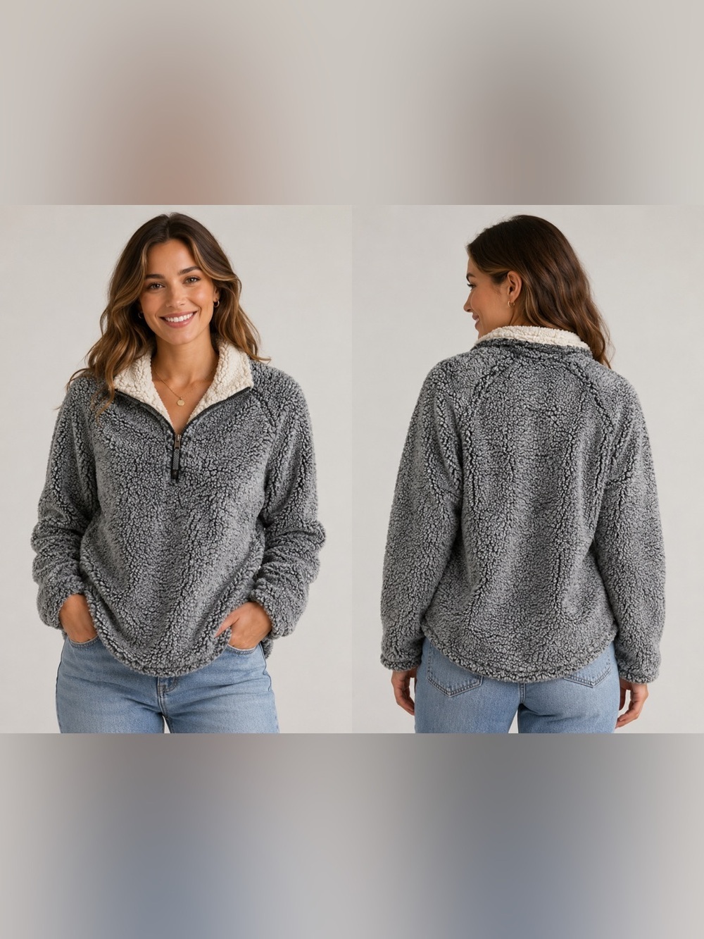 Cozy Sherpa Gray Quarter Zip Pullover Sweater with Cream Trim Size Extra Large